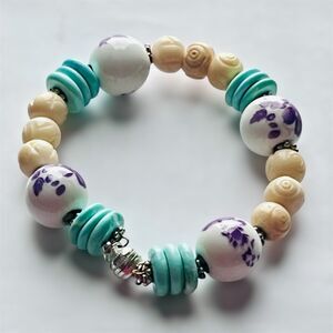 Multi Bead Floral Bracelet Ceramic White Purple Aqua Beige  Magnetic Clasp NEW